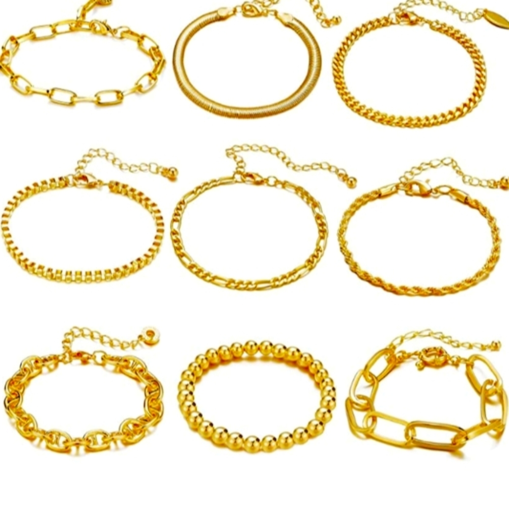 9 Piece Chunky Gold  Cuban Link Chain Bracelets NWT
